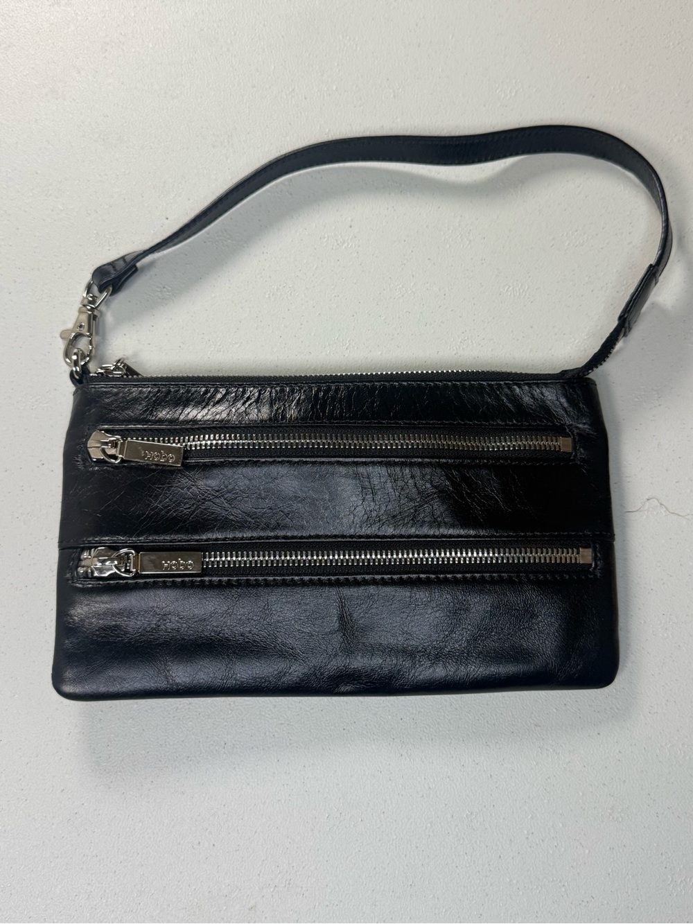 HOBO International Black Leather Trio Wristlet Clutch 3 Zip Compartments